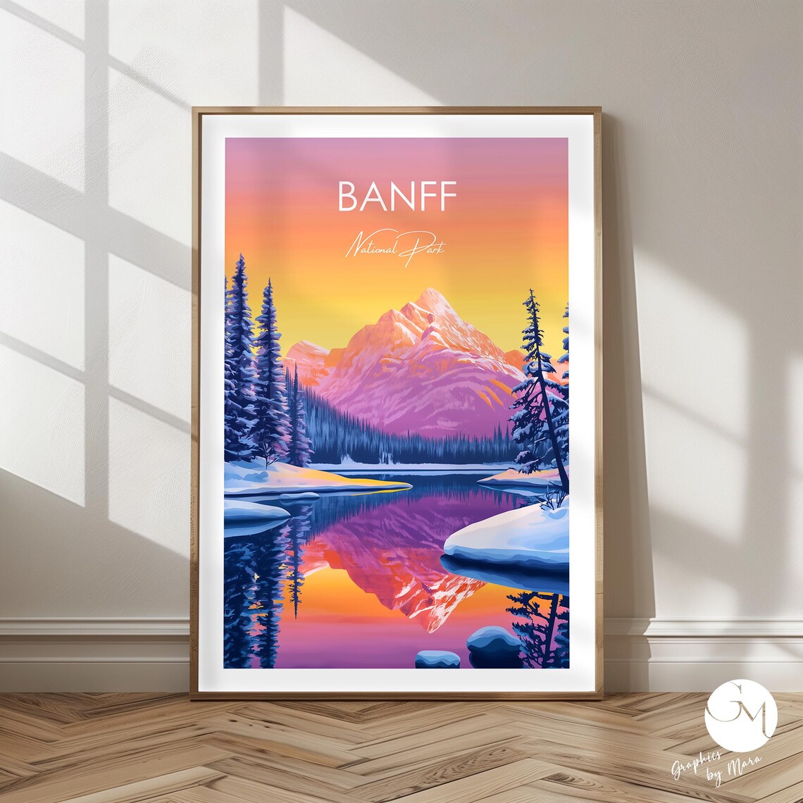 Banff National Park Orange Sunset Lake Reflection Travel Poster