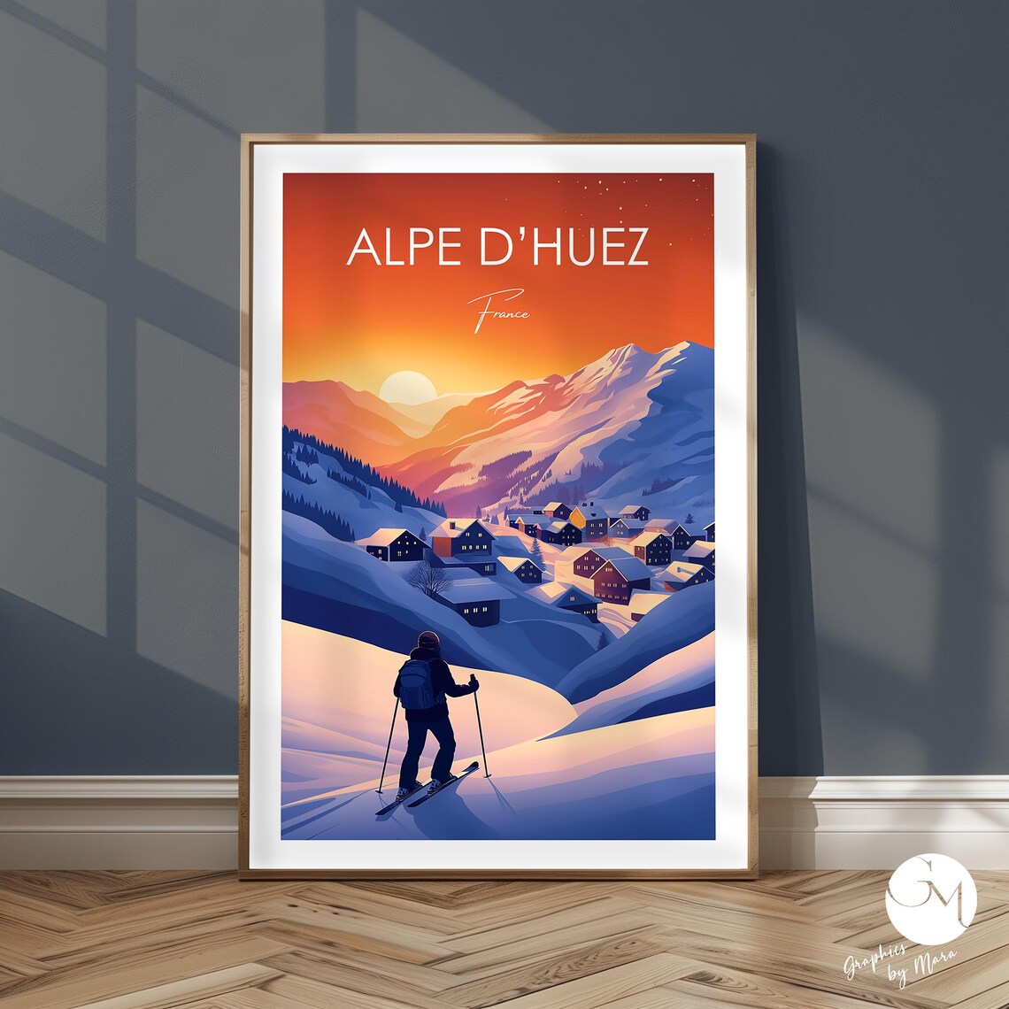 Alpe D Huez France Skier At Sunset Alps Mountain Travel Poster