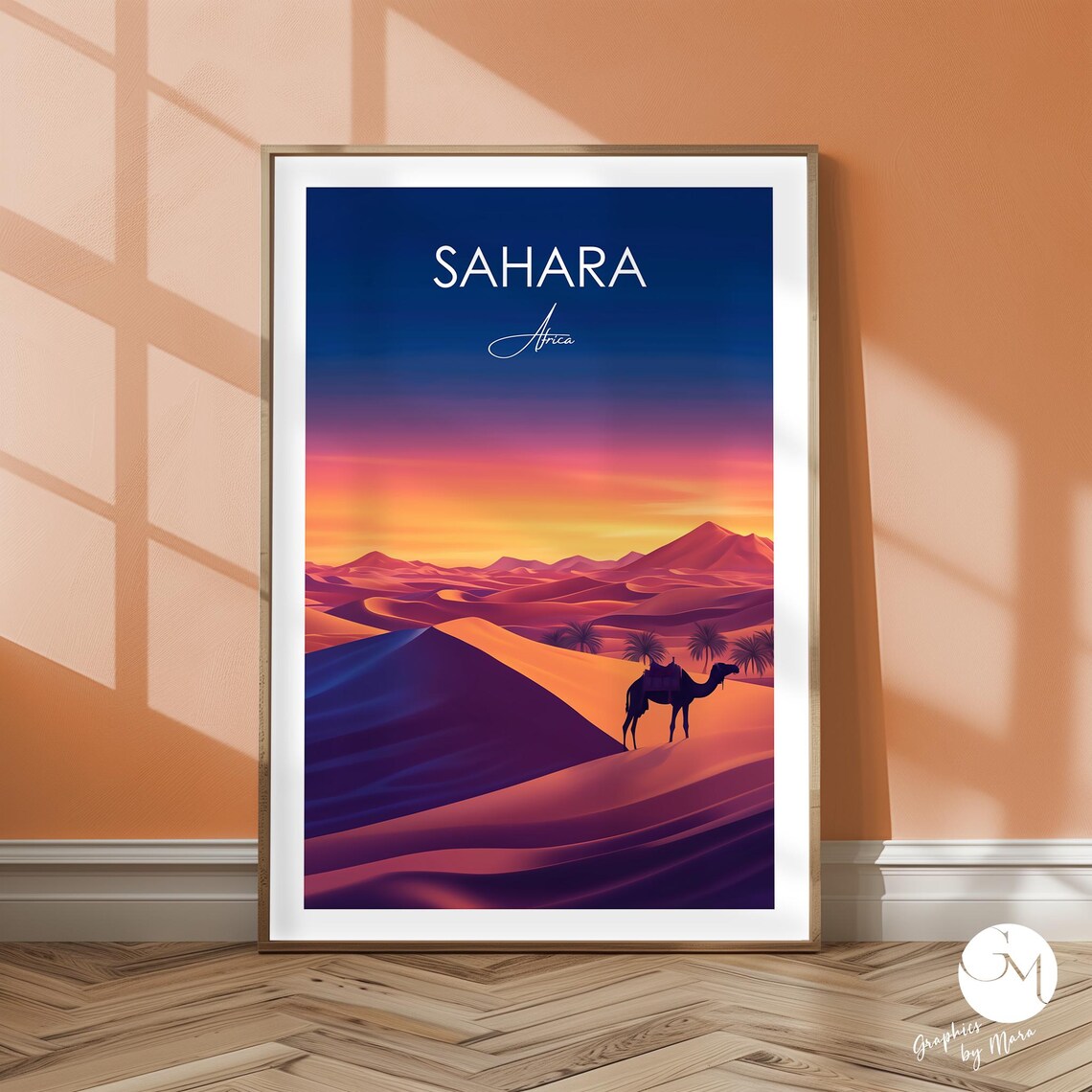 Sahara Desert Golden Sunset Dunes Camel Africa Illustration Poster