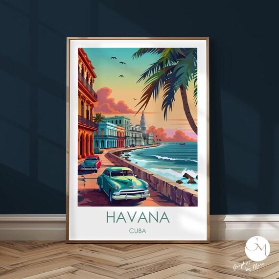 Vintage Havana Cuba Malecón Classic Cars Sunset Travel Poster