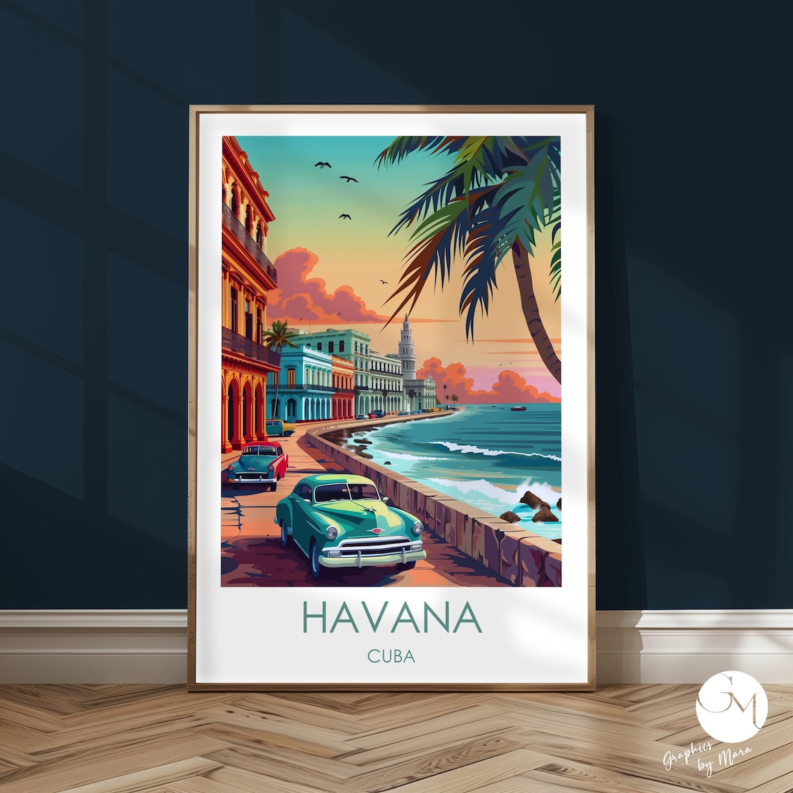 Vintage Havana Cuba Malecón Classic Cars Sunset Travel Poster