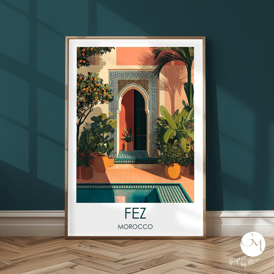 Fez Morocco Riad Courtyard Poster With Bottom Caption Variant