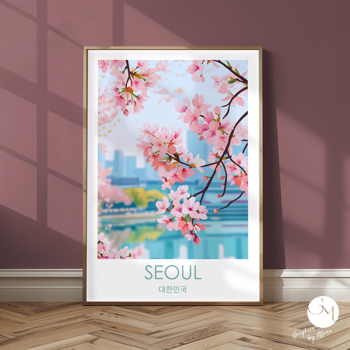 Seoul South Korea Cherry Blossom Lake Reflection Travel Poster