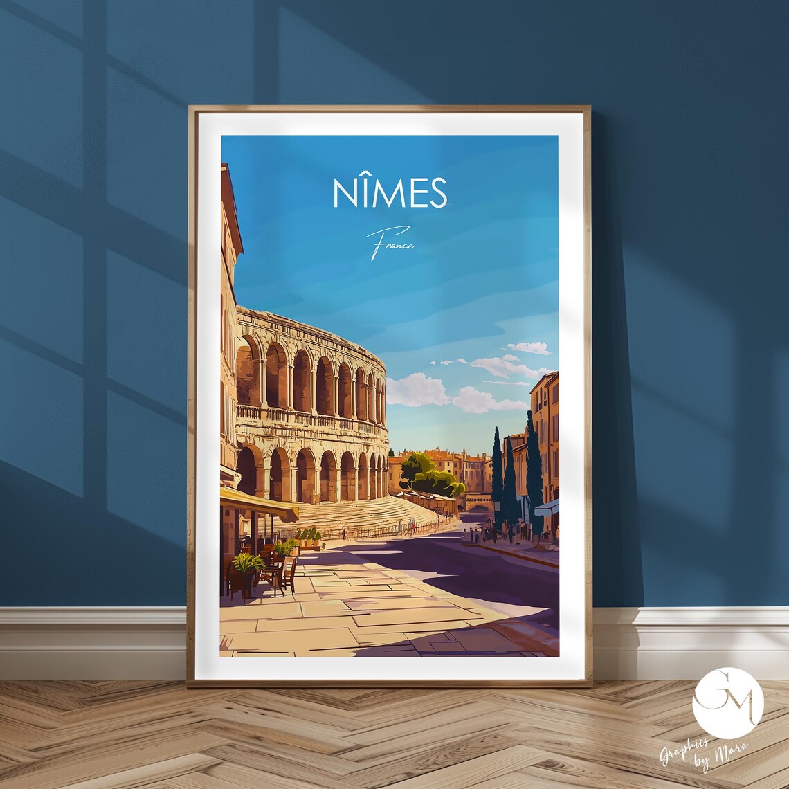 Nimes France Historic Roman Arena Blue Sky Plaza Travel Poster