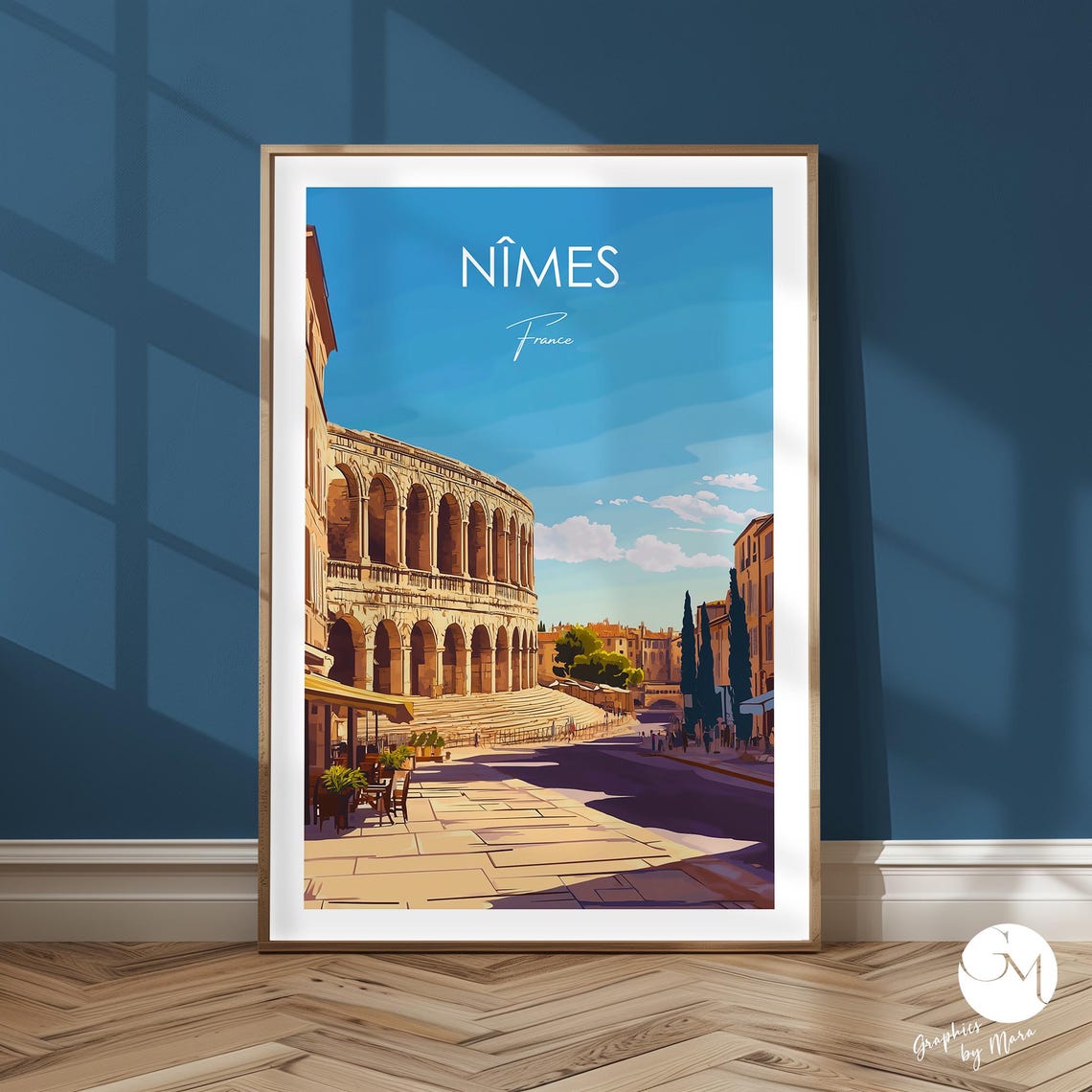 Nimes Travel Print France South Of Poster Nmes Wall Art With The Roman Arena And Mediterranean Flair