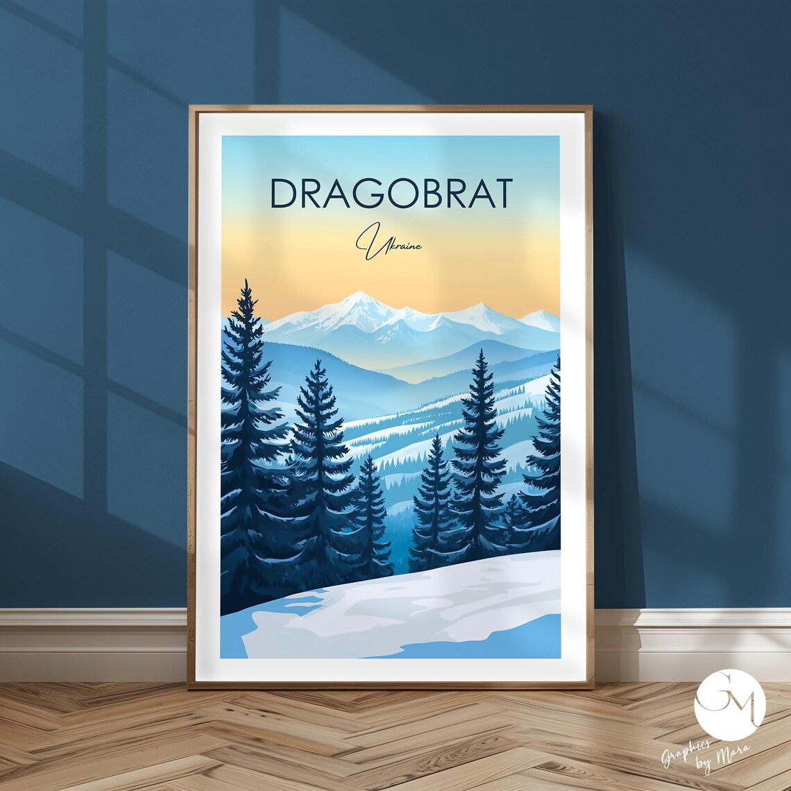 Dragobrat Ukraine Snowy Fir Trees Sunrise Minimalist Travel Poster