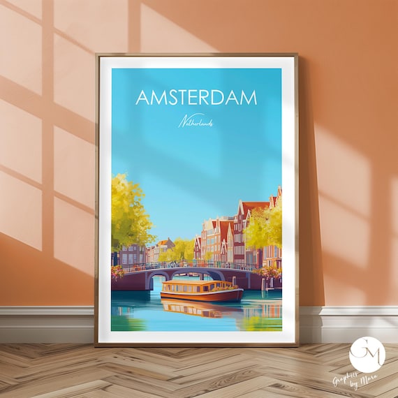 Amsterdam Netherlands Canal Houses And Bridge Travel Poster Art
