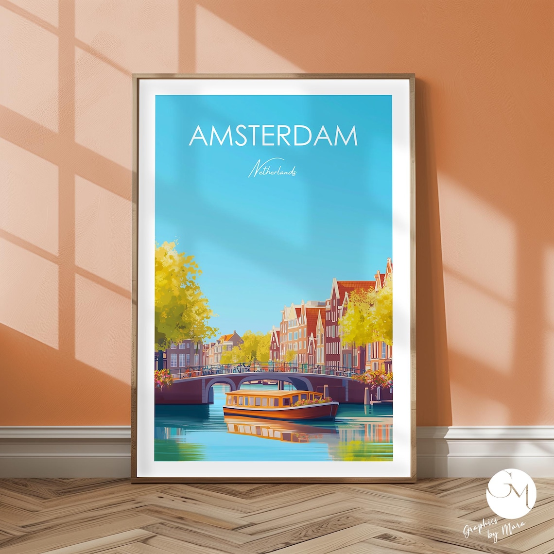 Amsterdam Netherlands Canal Houses And Bridge Travel Poster Art