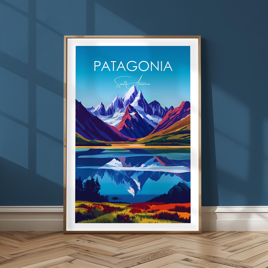 Patagonia South America Snowy Peaks Lake Reflection Travel Poster