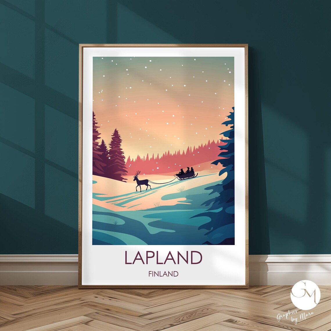 Lapland Finland Reindeer Sleigh Snowy Winter Travel Art Poster