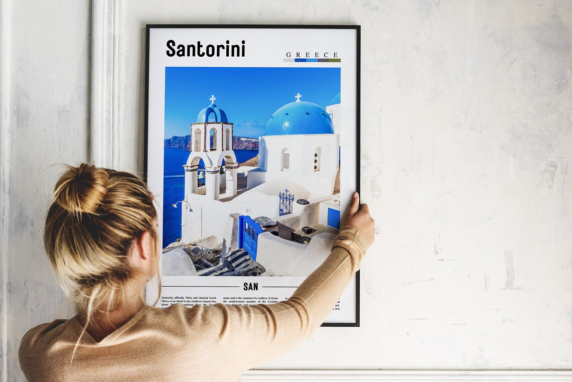 Santorini Greece Blue Domed Churches Aegean View Travel Poster - Image 2