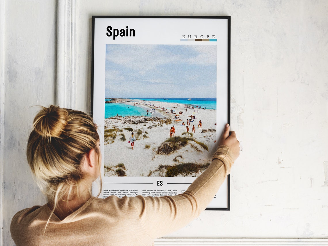 Spain Turquoise Beach White Sand Sunbathers Coastal Travel Art Poster - Image 2