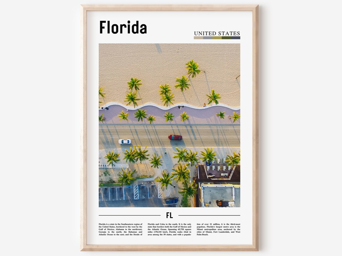 Florida Aerial Beachfront Palm Road Minimal Travel Destination Poster