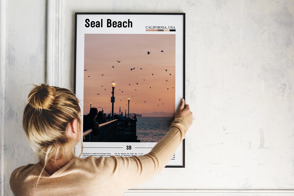 Seal Beach California Pier Sunset Seagulls Minimal Travel Photo Poster - Image 2