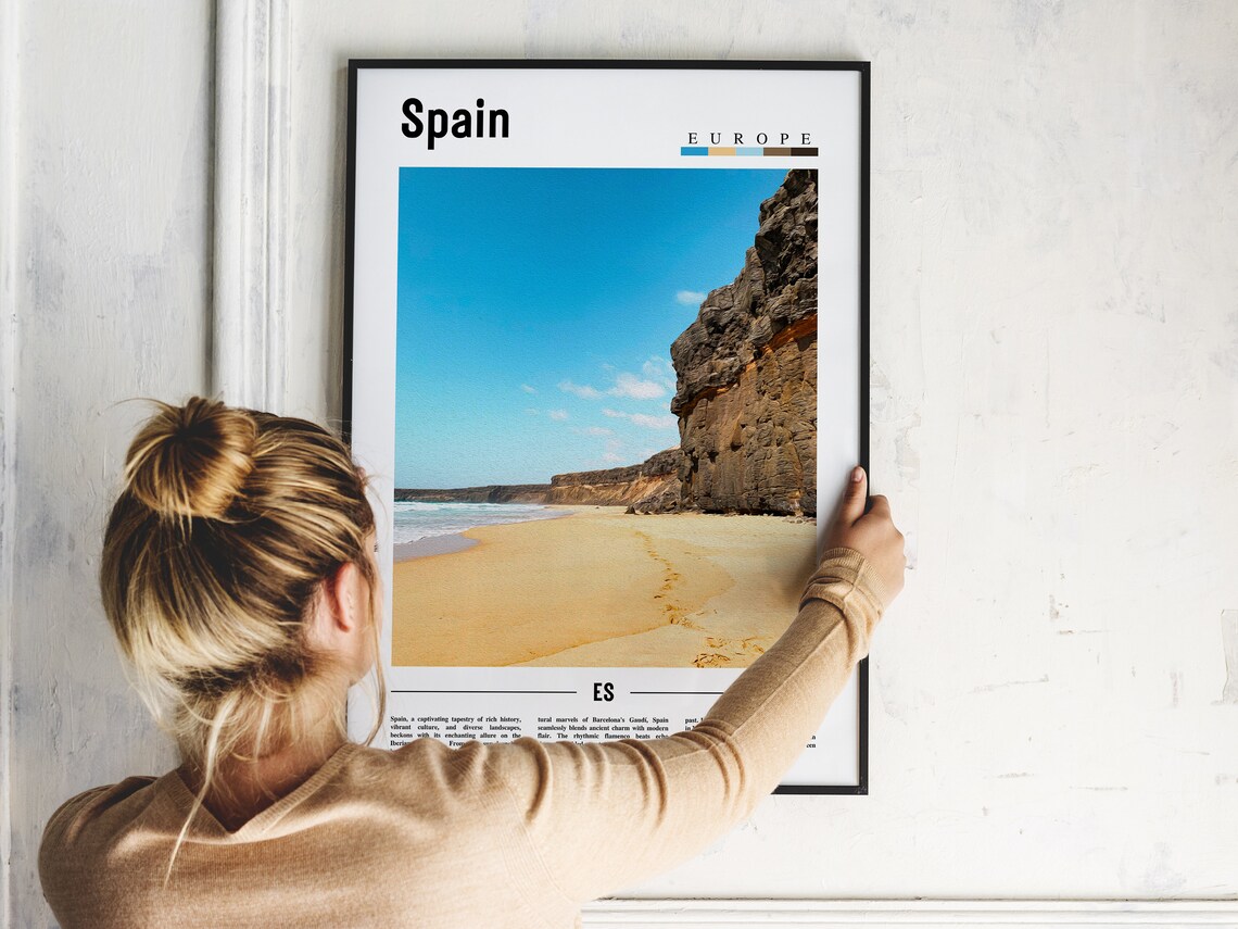 Spain Golden Beach Cliffs Poster Sunny Coastal Shoreline Travel Art - Image 2