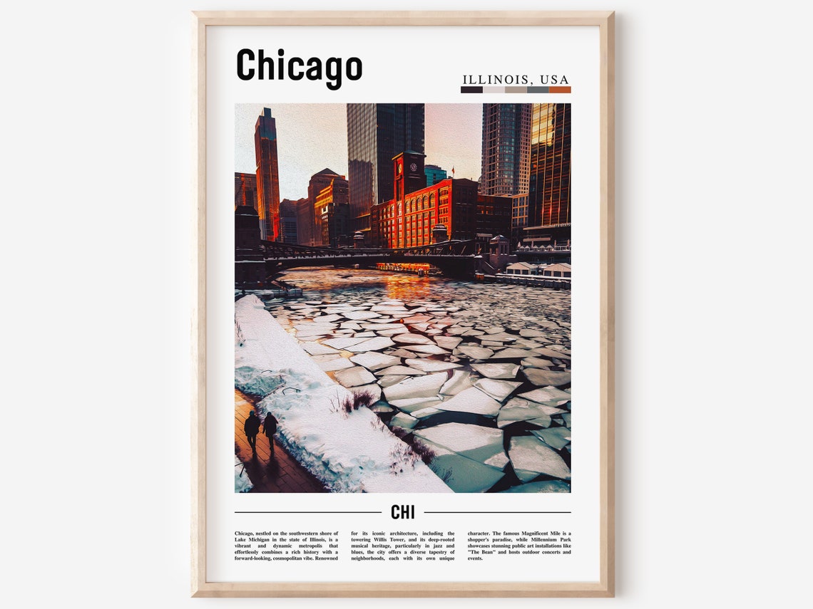 Chicago Frozen River Ice Floes Sunset Downtown Skyline Winter Poster