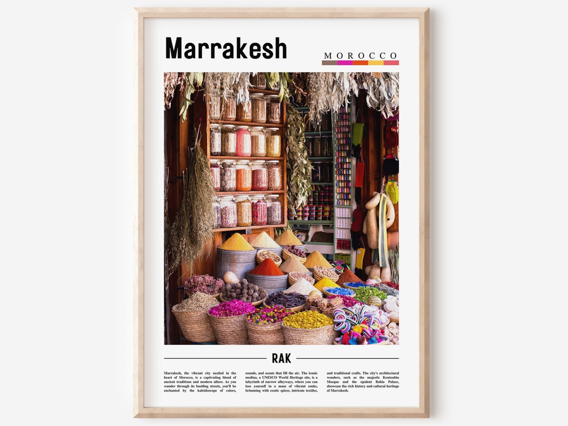 Marrakesh Morocco Vibrant Souk Spice Market Bazaar Travel Poster