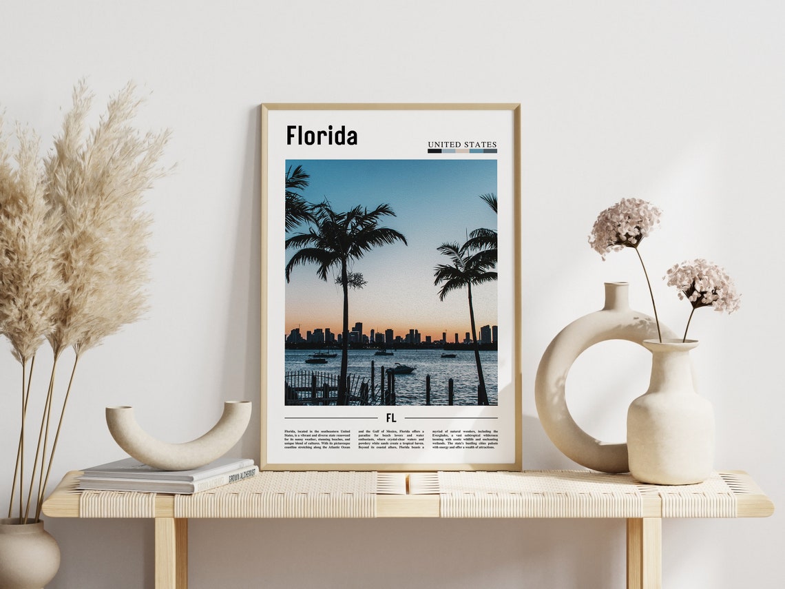 Florida Golden Sunset Palm Trees Waterfront Skyline Photo Poster - Image 3