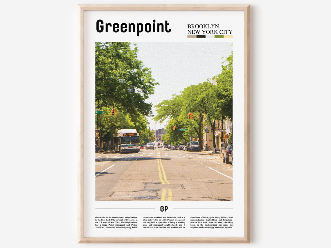 Greenpoint Brooklyn Tree Lined Avenue Bus Scene Travel Poster