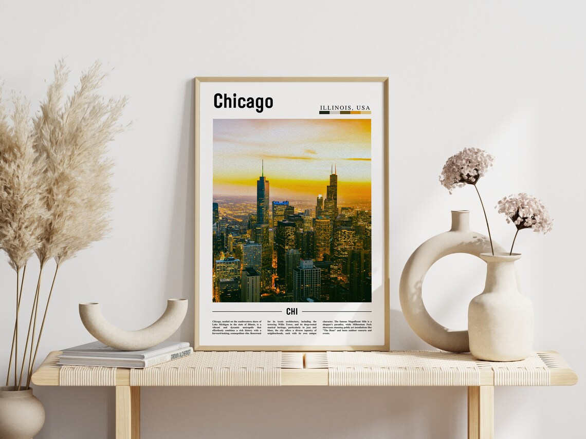 Chicago Skyline Sunset City Lights Downtown Skyscrapers Travel Poster - Image 3