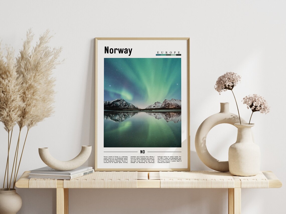 Norway Europe Northern Lights Aurora Snowy Mountains Lake Poster - Image 3