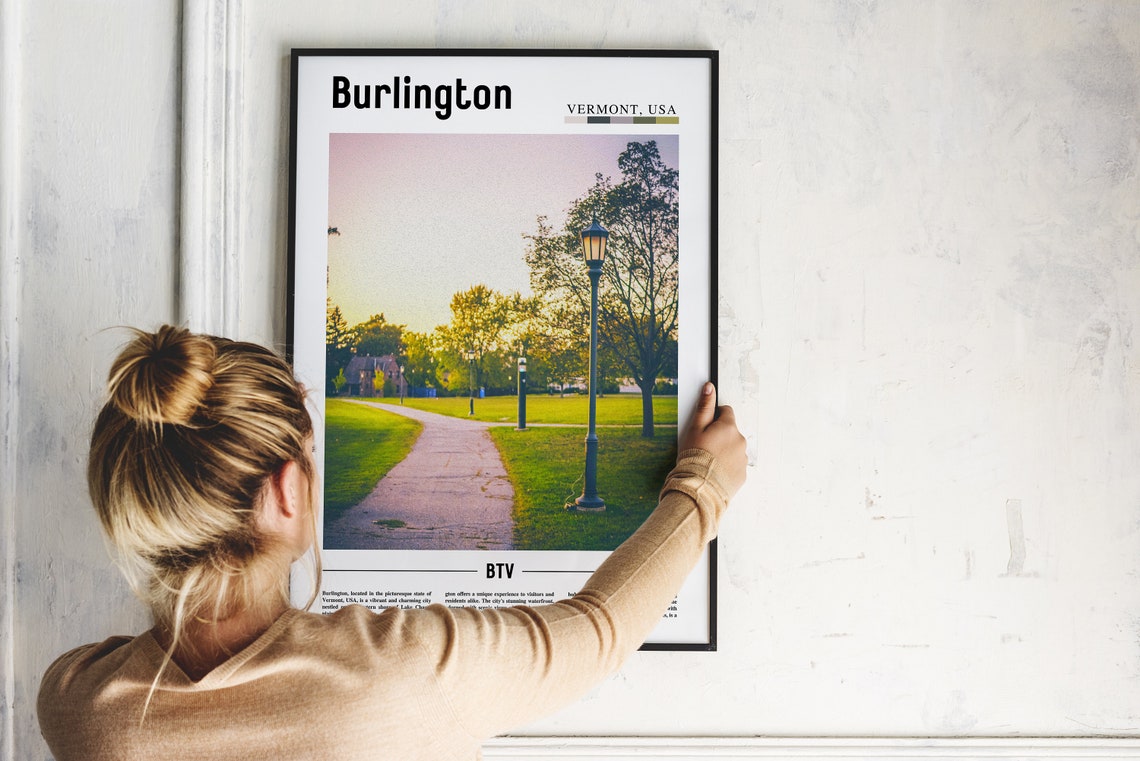 Burlington Vermont Lamp Lit Park Path at Sunset Travel Poster - Image 2