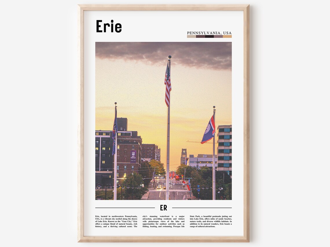 Erie Pennsylvania Sunset City Street Flags Skyline Photo Poster