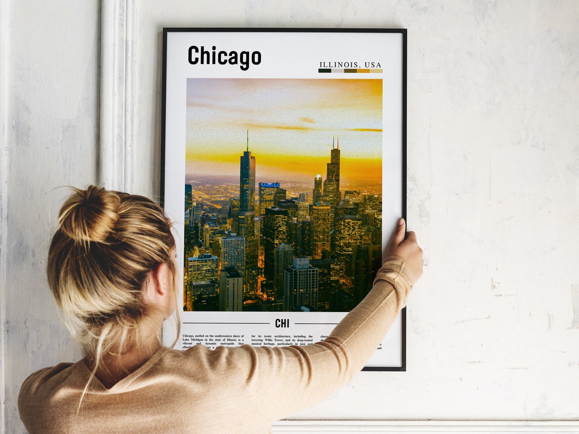 Chicago Skyline Sunset City Lights Downtown Skyscrapers Travel Poster - Image 2