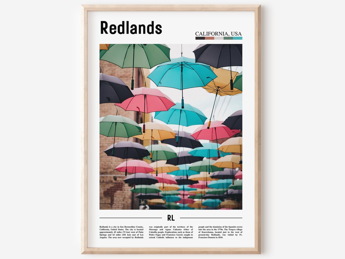 Redlands California Colorful Umbrellas Street Scene Travel Poster