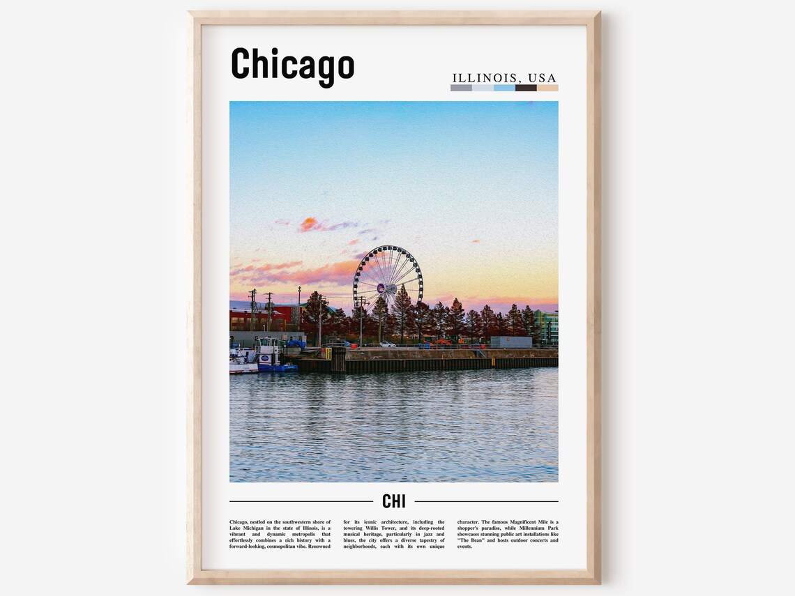 Chicago Ferris Wheel Sunset Lake Michigan Photo Travel Poster
