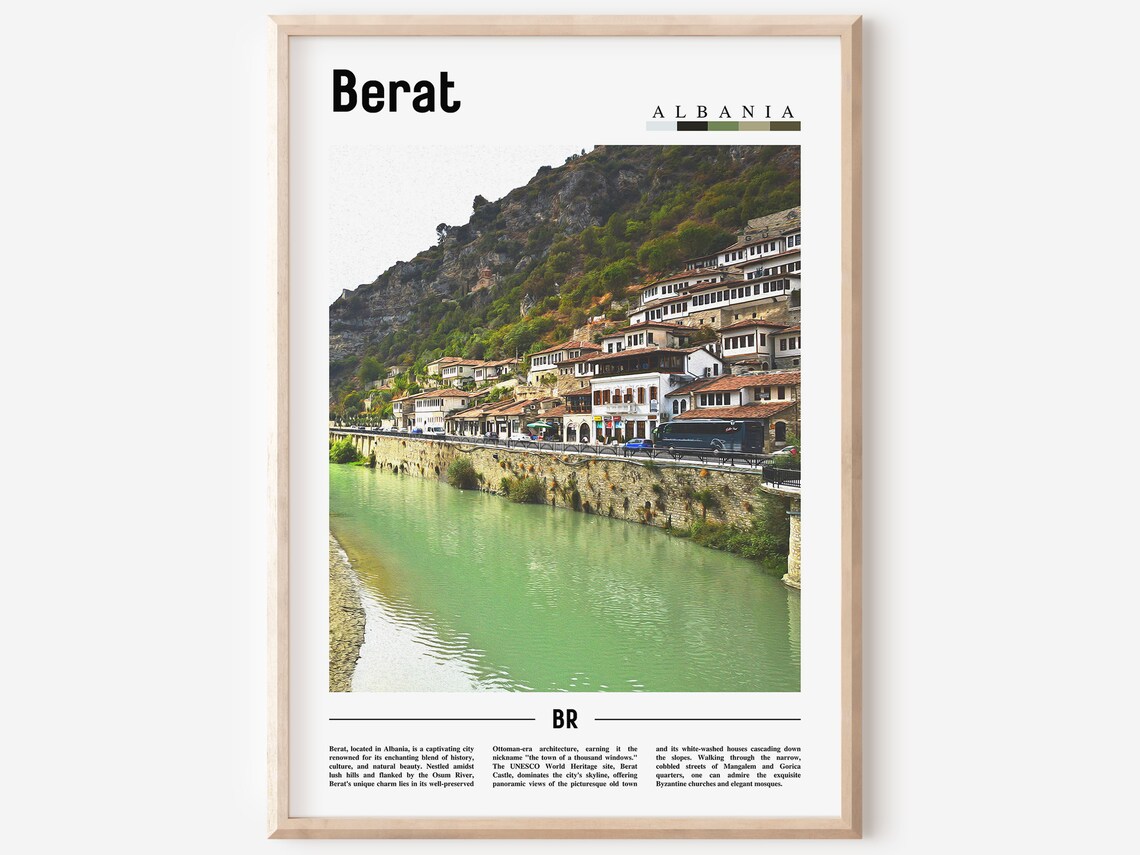 Berat Albania Riverside Ottoman Houses Mountain View Travel Poster