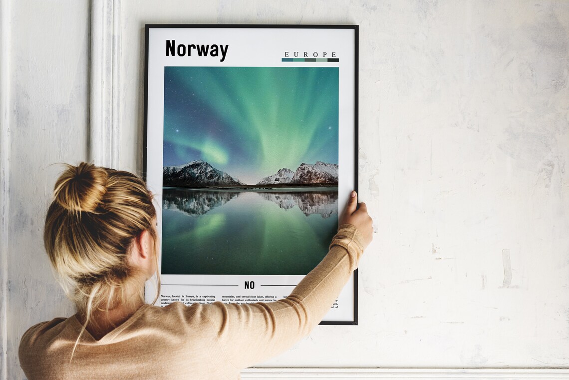 Norway Europe Northern Lights Aurora Snowy Mountains Lake Poster - Image 2