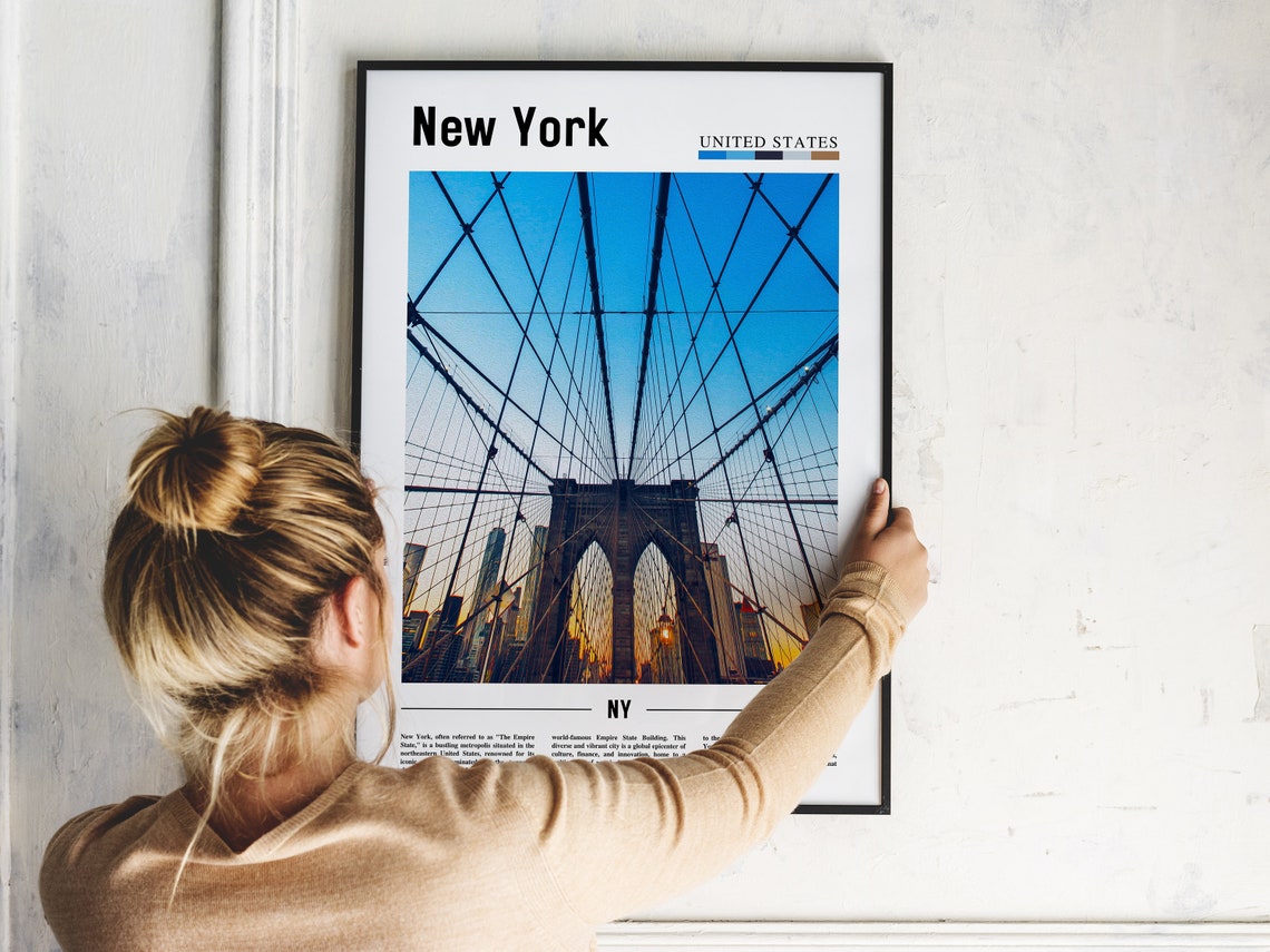 New York Brooklyn Bridge Cables Sunset Photo Manhattan Skyline Poster - Image 2