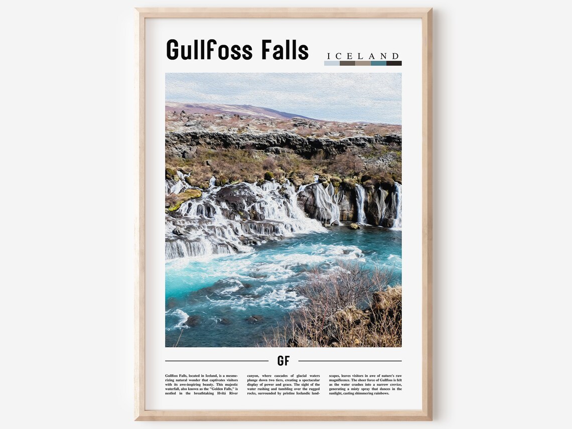 Gullfoss Falls Iceland Cascading Waterfall Golden Falls Travel Poster
