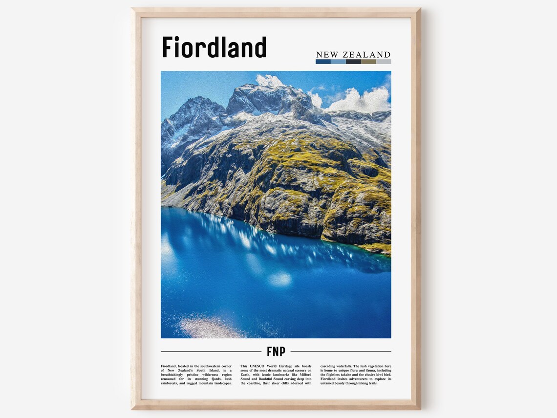 Fiordland New Zealand Snow Peaks Reflecting Blue Lake Poster