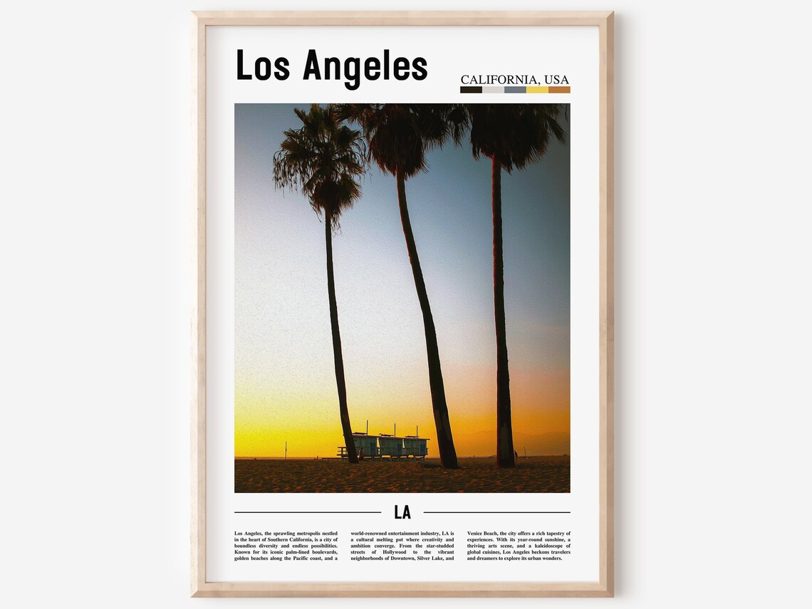 Los Angeles California Sunset Palm Trees Beach City Travel Poster