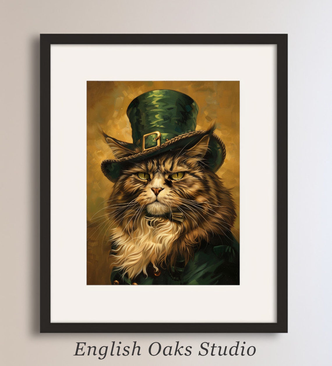 Grumpy Long Haired Cat in Green Hat St Patricks Day Funny Wall Art