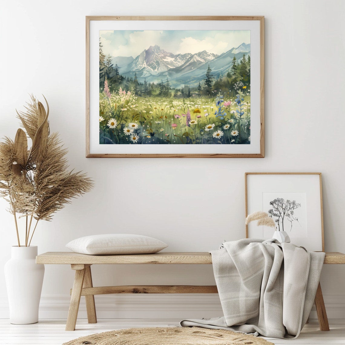 Alpine Wildflower Meadow Watercolor Daisy Field Mountain View Poster - Image 2