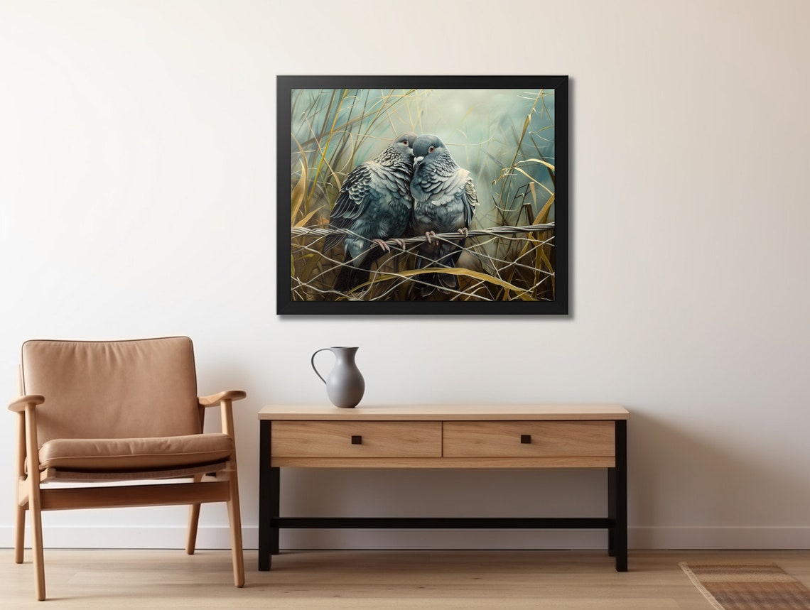 Two Pigeons Cuddling Wire Fence Autumn Grasses Moody Birds Love Poster - Image 2