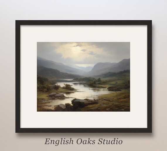 Moody Soft Mountain Lake Valley Mist Vintage Painting Poster