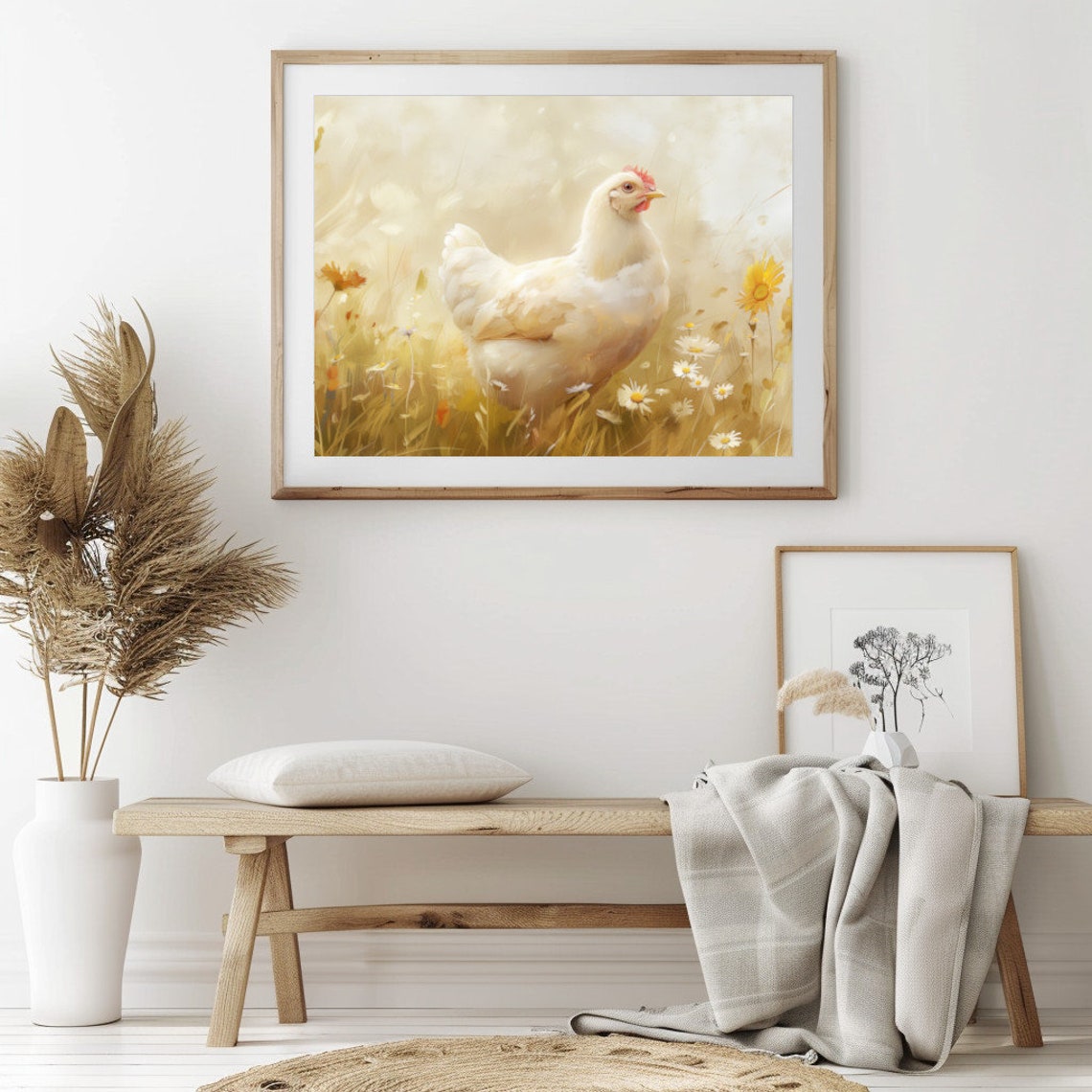 White Chicken in a Golden Wildflower Field Rustic Farm Wall Art - Image 2