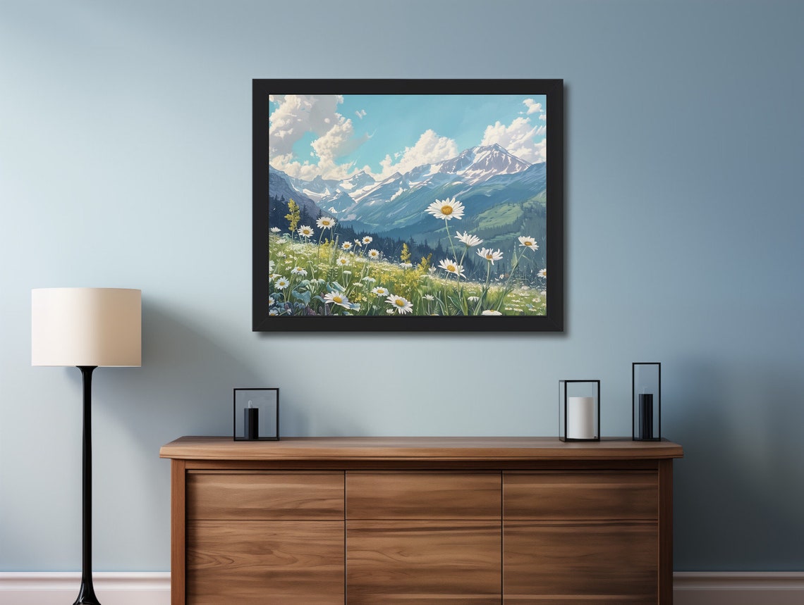 White Daisies Alpine Meadow with Snowy Mountain Backdrop Poster - Image 2