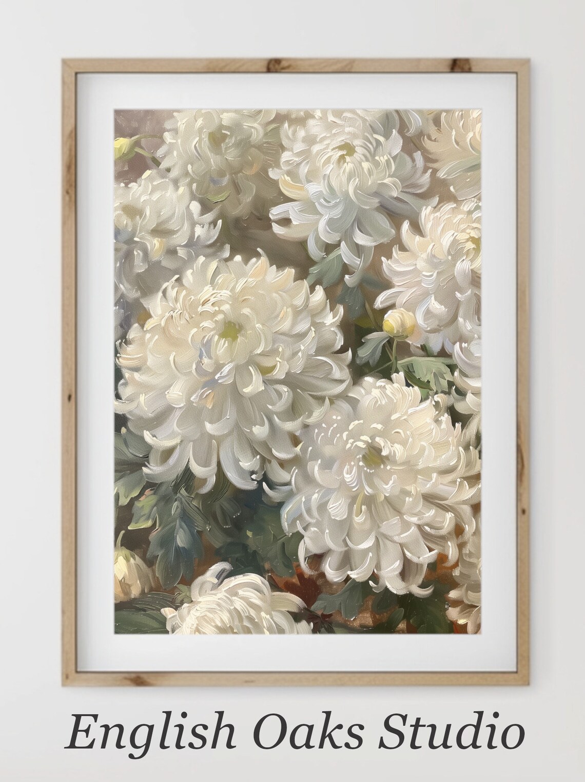 White Chrysanthemum Oil Painting Soft Cream Floral Blossom Wall Art