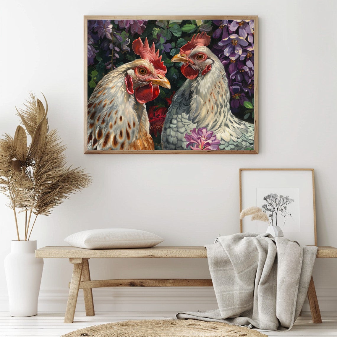 Two Hens Purple Flowers Charming Country Chicken Floral Art Poster - Image 2