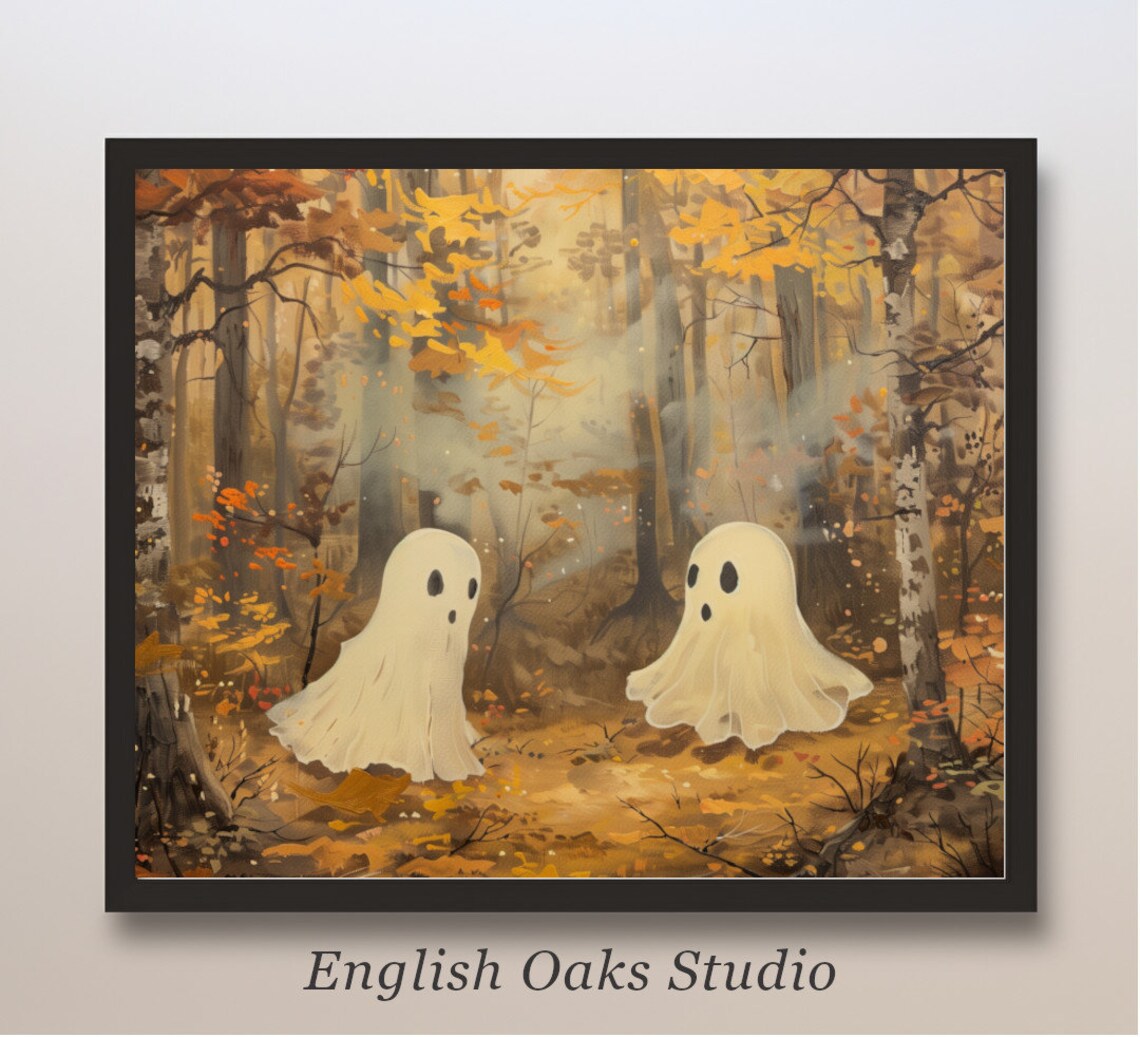 Two Cute Ghosts in Golden Autumn Forest Sweet Halloween Fall Art Poster