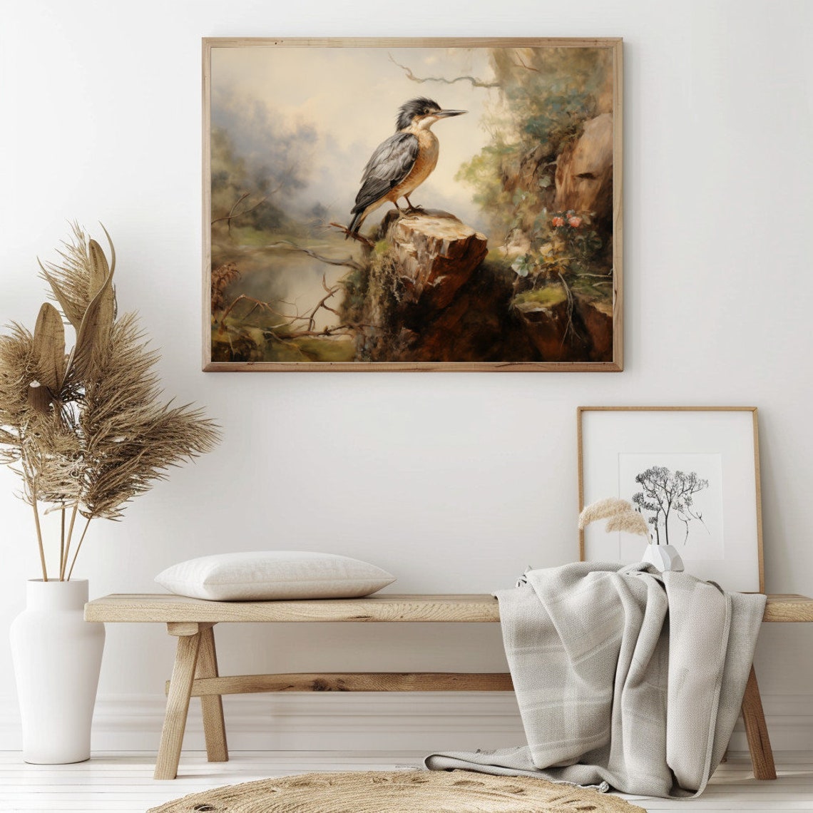 Vintage Kingfisher Perched On A Mossy Stump By The Water Poster - Image 2
