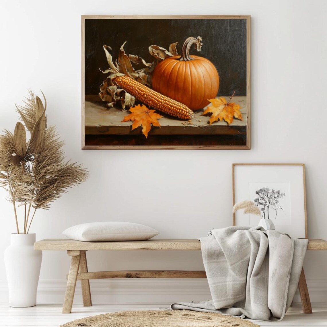 Orange Pumpkin Corn Cob and Maple Leaves Rustic Harvest Still Life Poster - Image 2