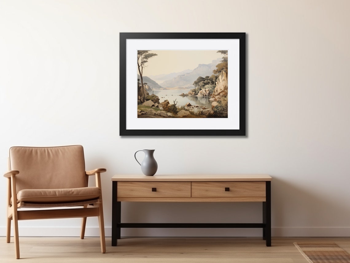 Neutral Mountain Lake with Rocky Cliffs Vintage Oil Painting Poster - Image 2