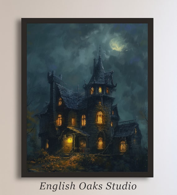 Gothic Haunted House Painting Glowing Windows Full Moon Night Poster