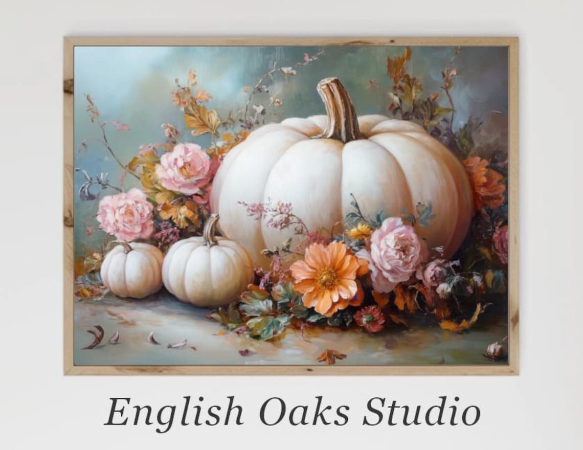White Pumpkin with Pink Roses and Dahlia Romantic Fall Floral Art Poster